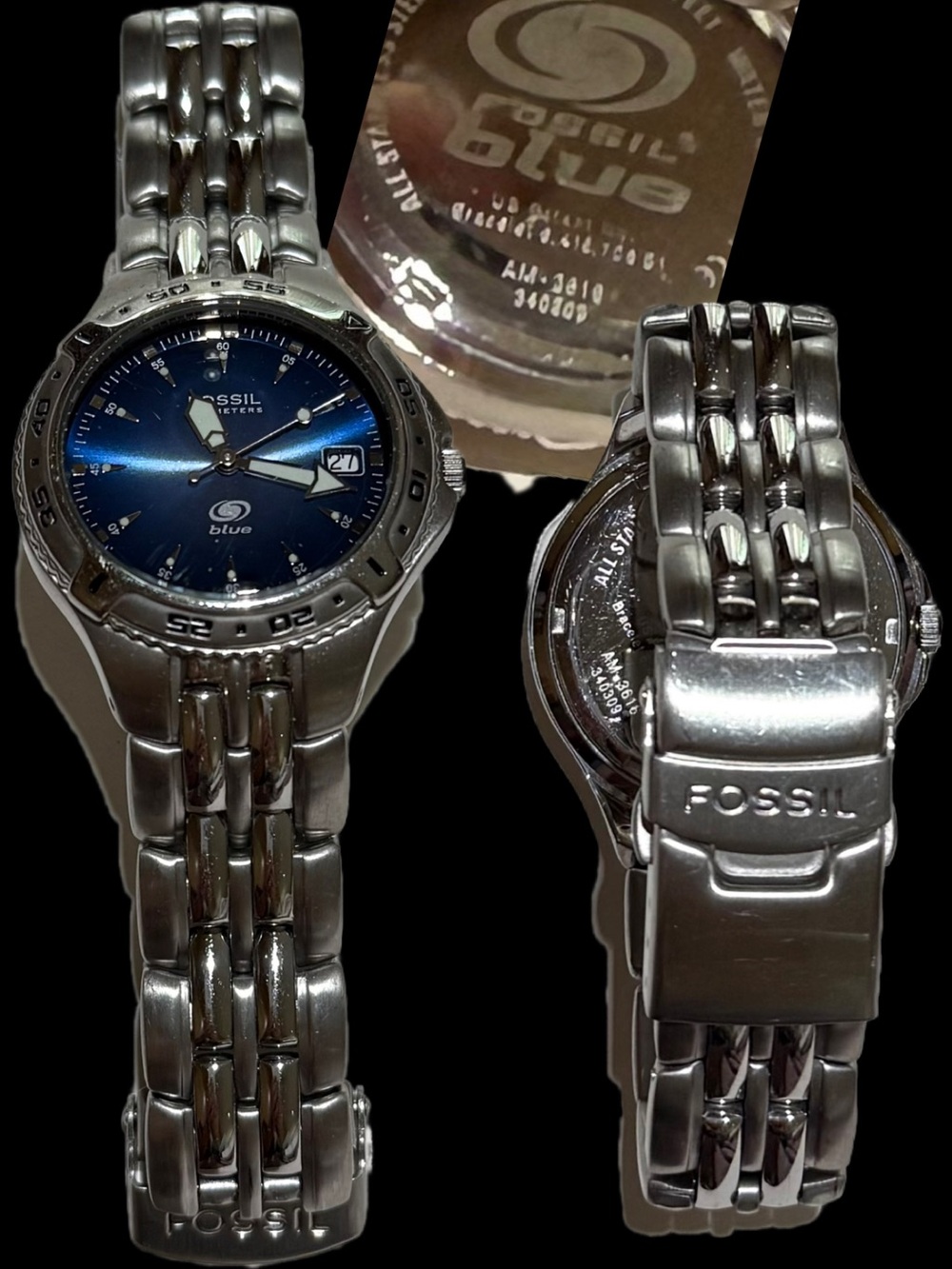 Fossil Silver Watch with Blue Sunburst Dial